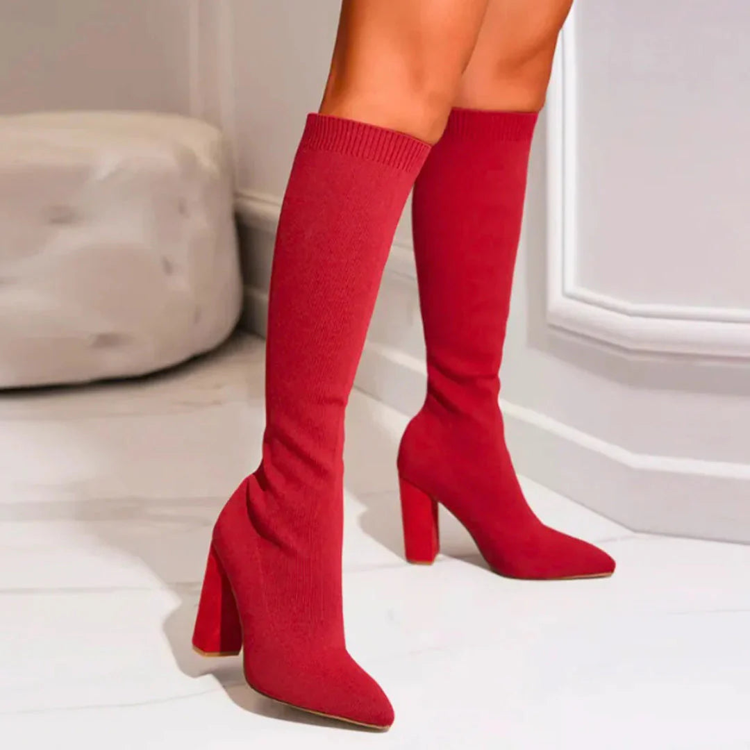 Faux Leather Block Heel Knee High Boots