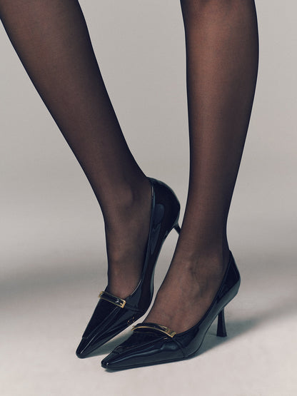 Faux Leather Metal Buckle Black Pumps