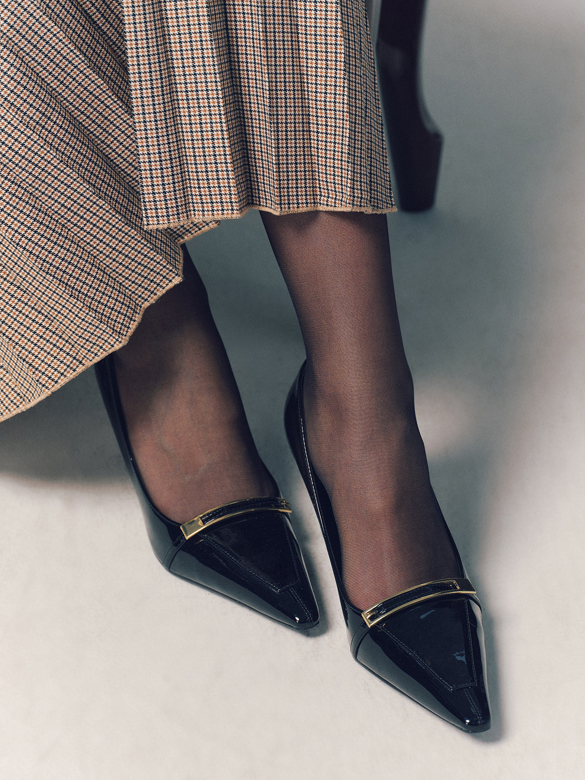 Faux Leather Metal Buckle Black Pumps