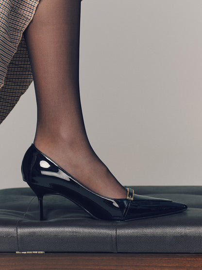 Faux Leather Metal Buckle Black Pumps