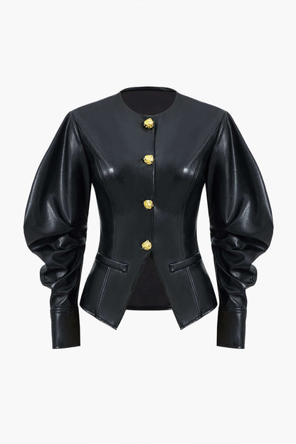 Faux Leather Metallic Buttoned Jacket