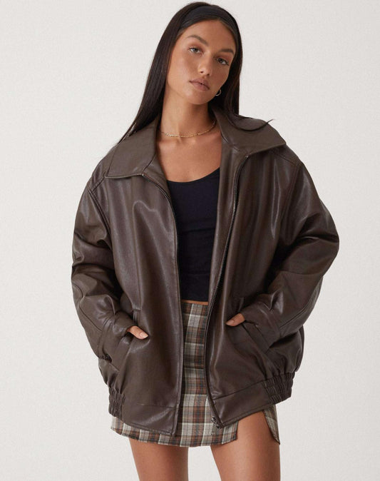 Faux Leather Oversized Zip-Up Jacket