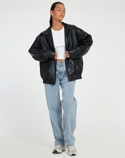 Faux Leather Oversized Zip-Up Jacket