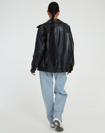 Faux Leather Oversized Zip-Up Jacket