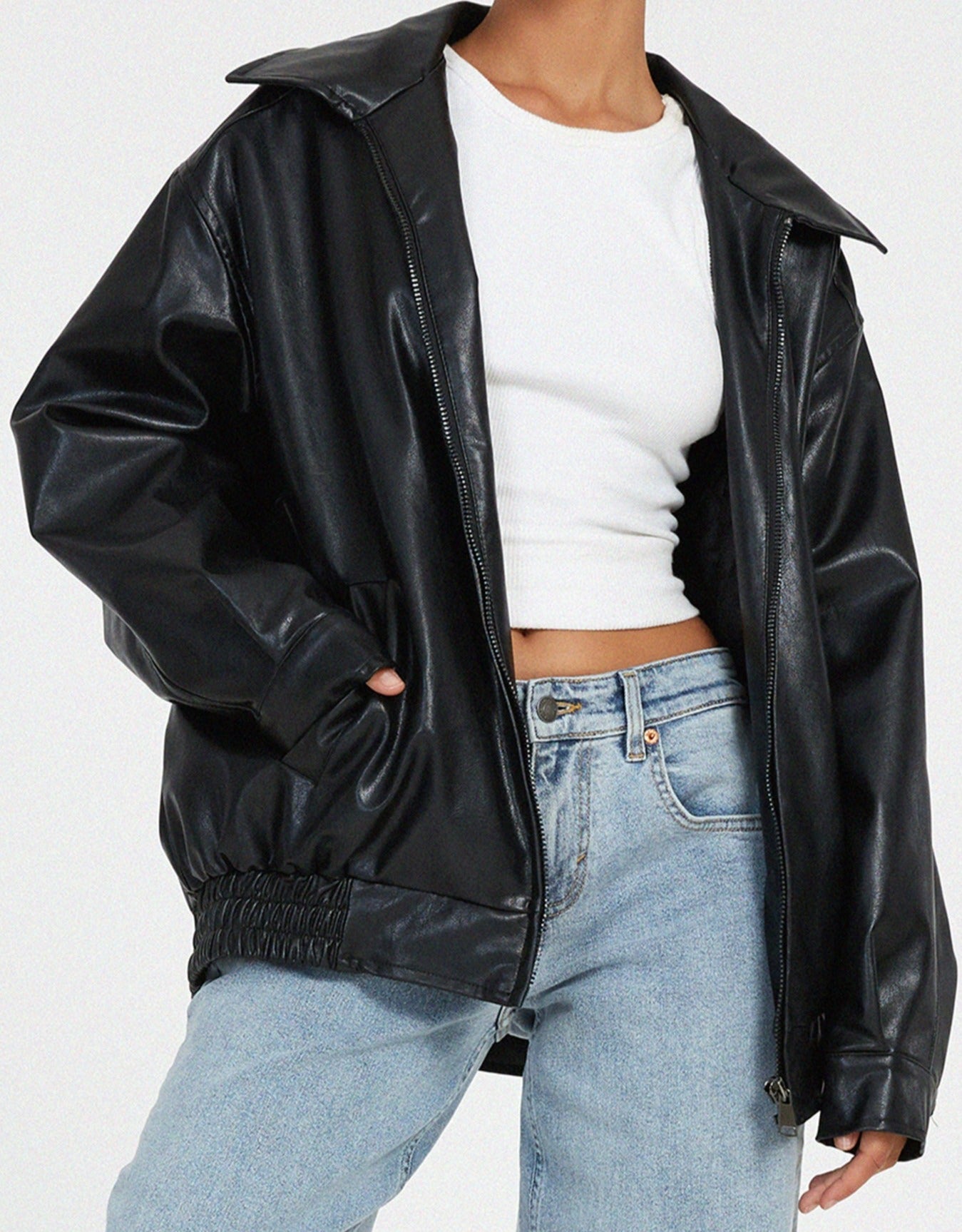 Faux Leather Oversized Zip-Up Jacket