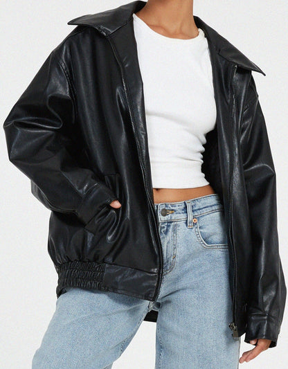 Faux Leather Oversized Zip-Up Jacket