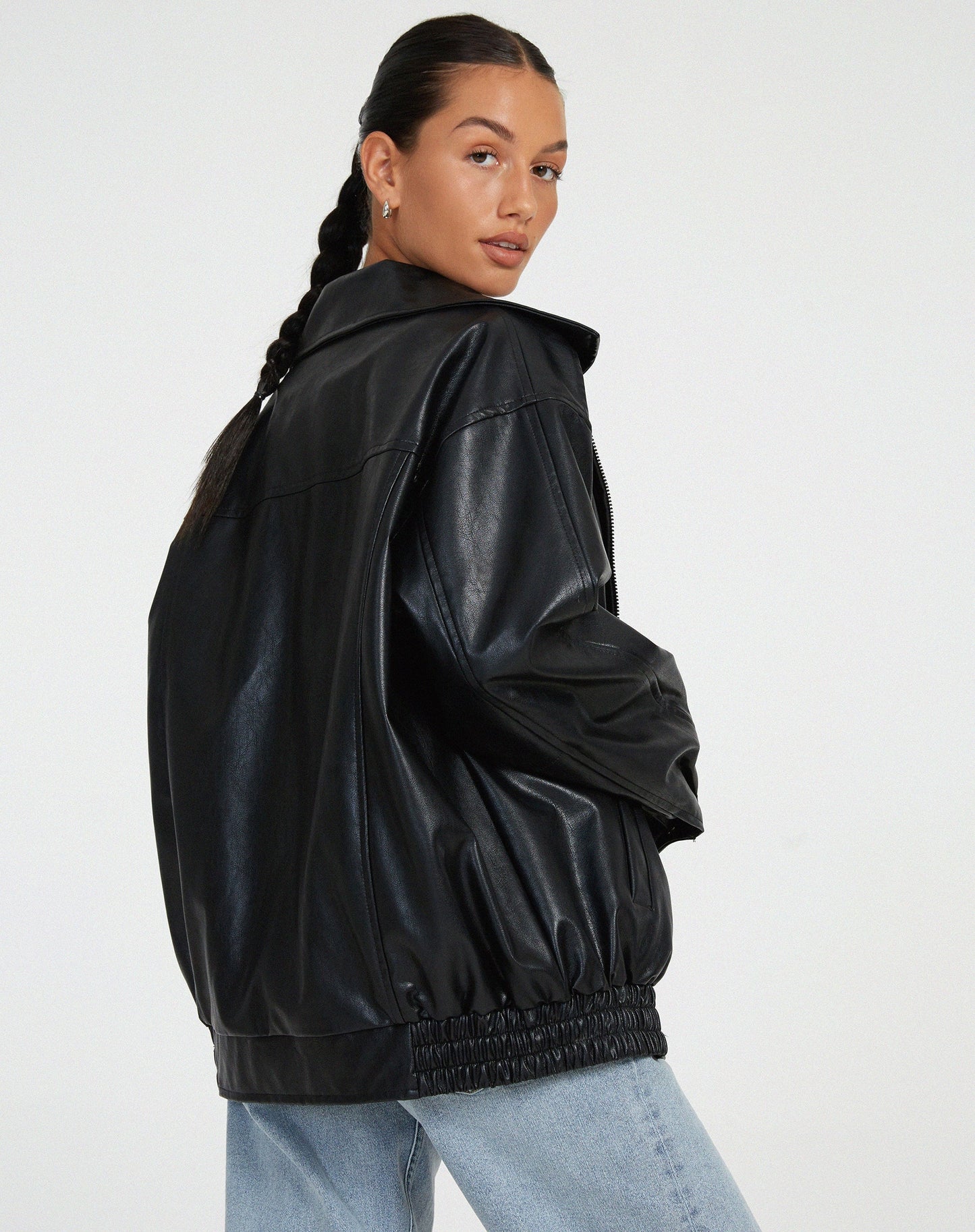 Faux Leather Oversized Zip-Up Jacket