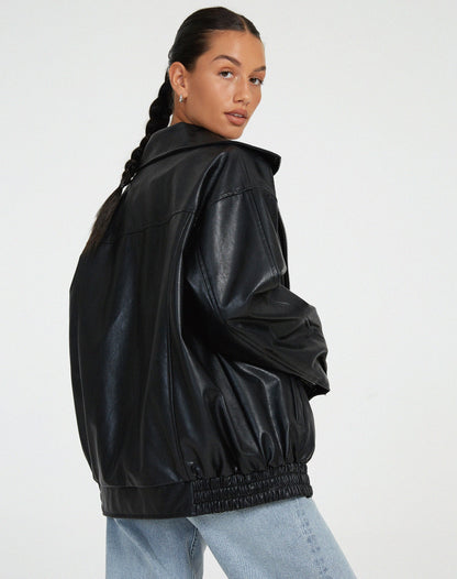 Faux Leather Oversized Zip-Up Jacket