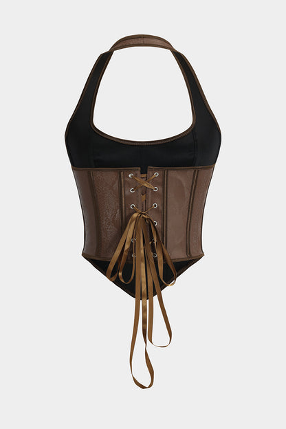 Faux Leather V-Neck Corset Cami Top