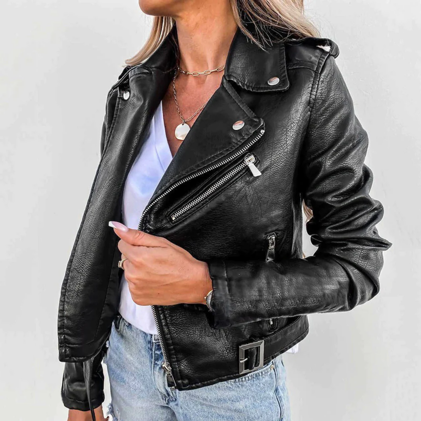 Faux Leather Zip-Up Biker Jacket
