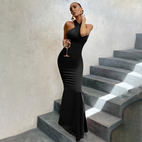 Fitted Halter Neck Fishtail Dress