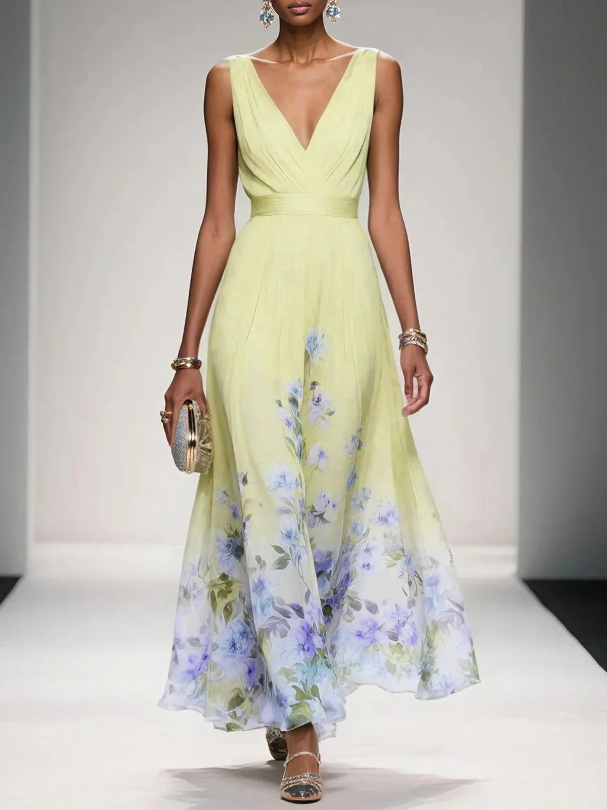 Floral Chiffon V-Neck Maxi Dress