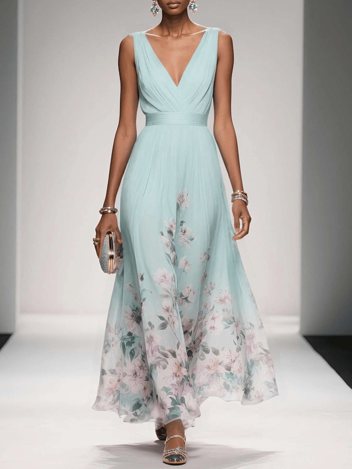 Floral Chiffon V-Neck Maxi Dress