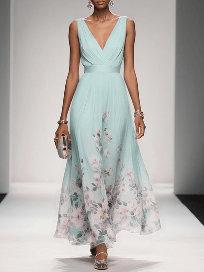Floral Chiffon V-Neck Maxi Dress
