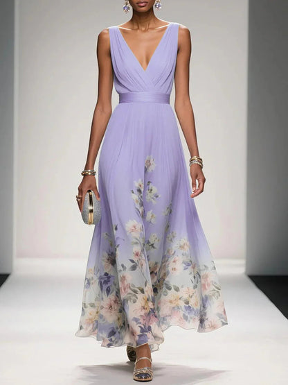 Floral Chiffon V-Neck Maxi Dress