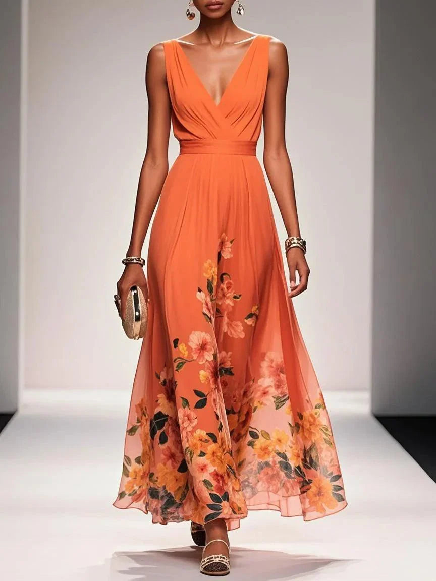 Floral Chiffon V-Neck Maxi Dress