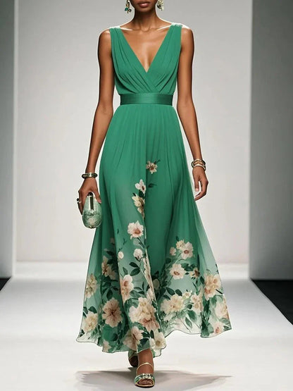 Floral Chiffon V-Neck Maxi Dress