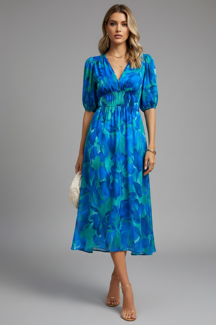 Floral Print Puff Sleeve Midi Dress