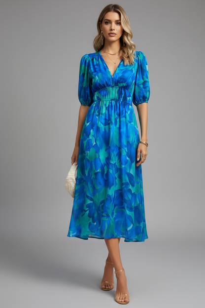 Floral Print Puff Sleeve Midi Dress