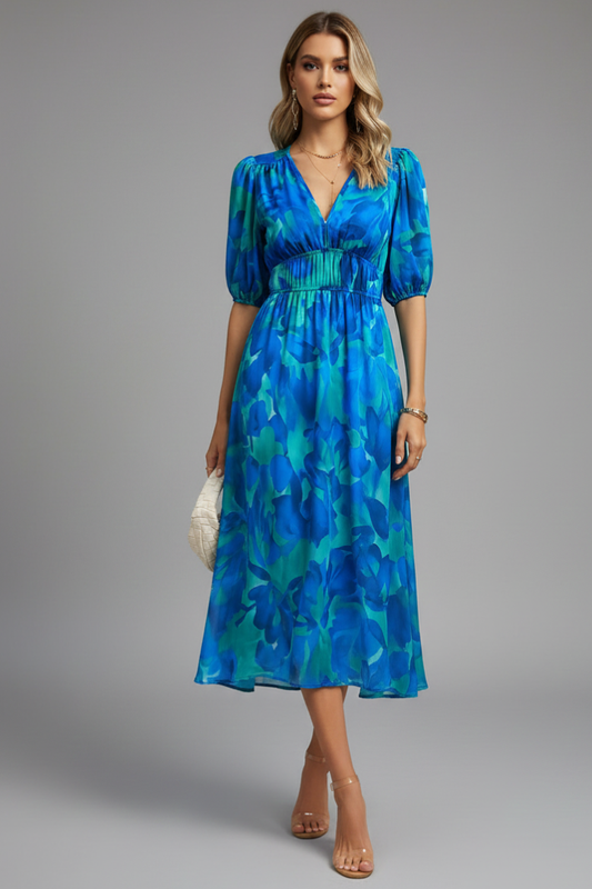 Floral Print Puff Sleeve Midi Dress