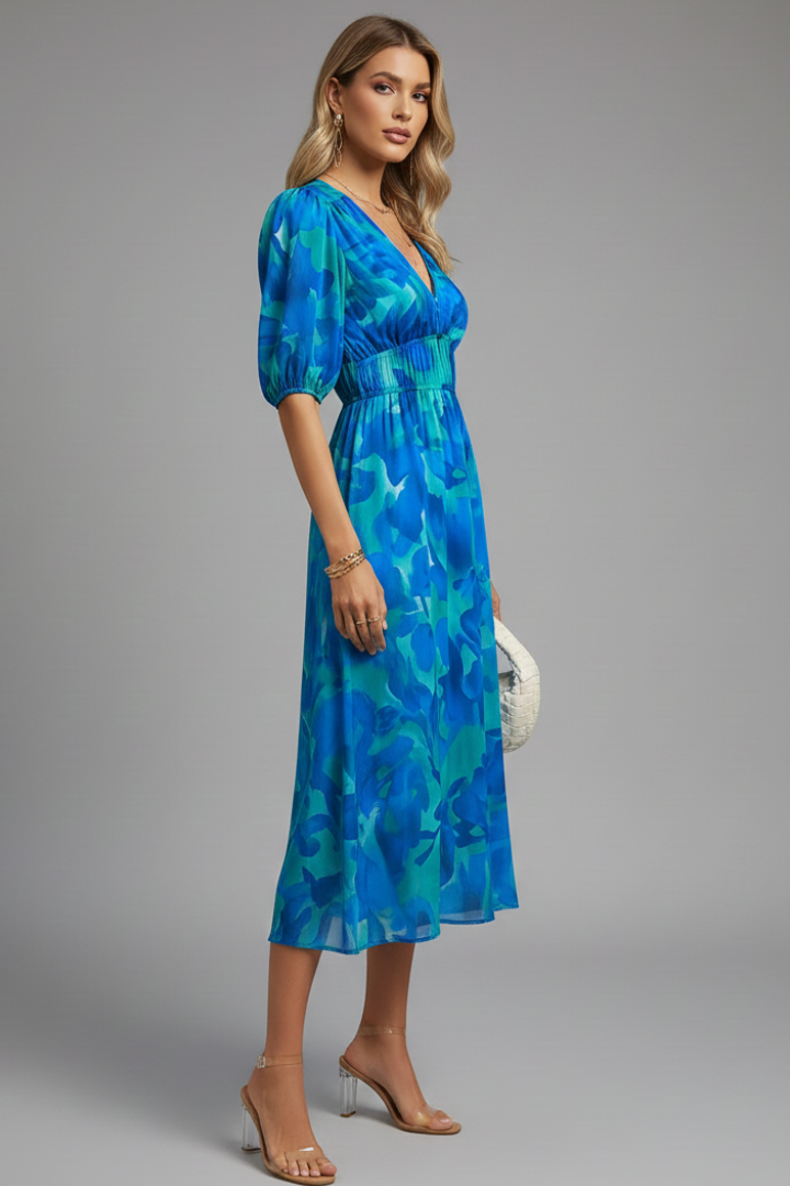 Floral Print Puff Sleeve Midi Dress