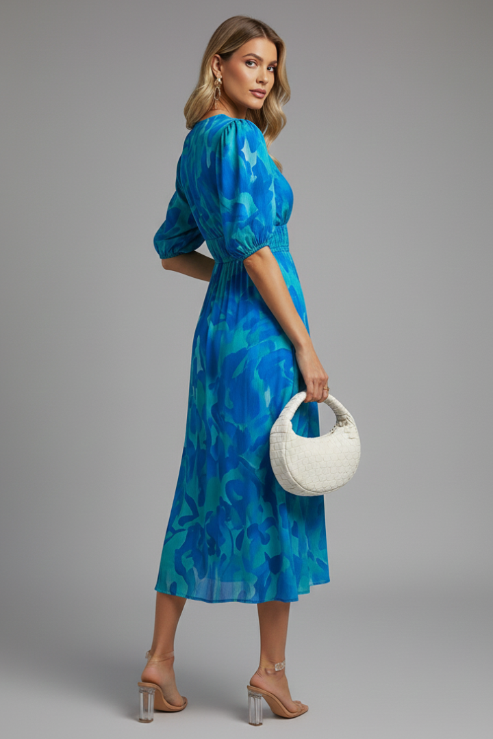Floral Print Puff Sleeve Midi Dress