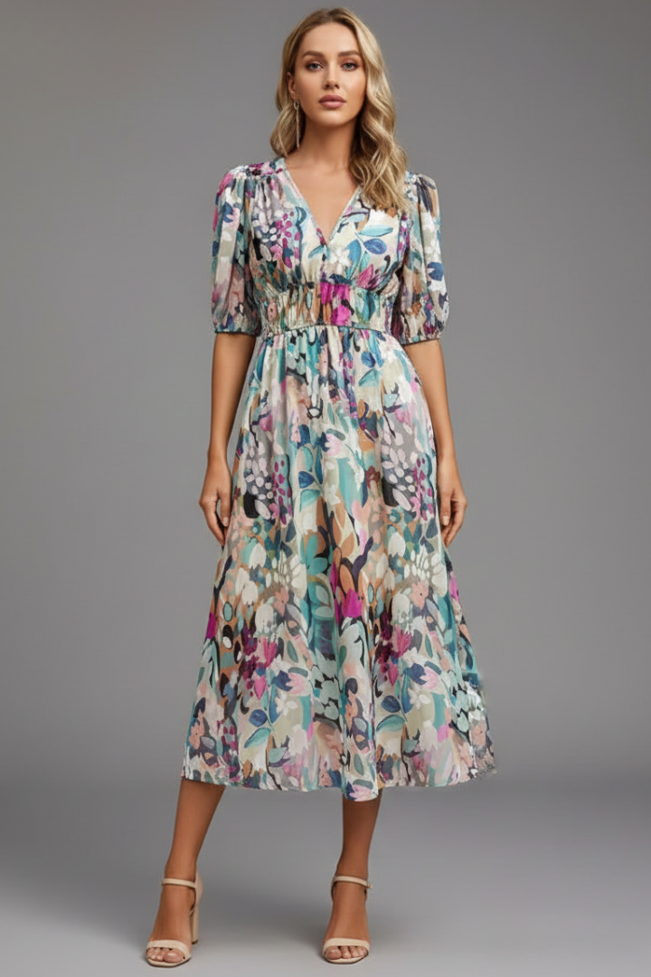 Floral Print Puff Sleeve Midi Dress