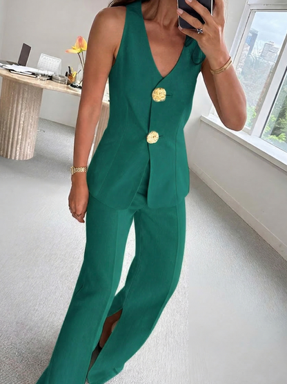 Woven Fabric Sleeveless Two Piece Pants Set