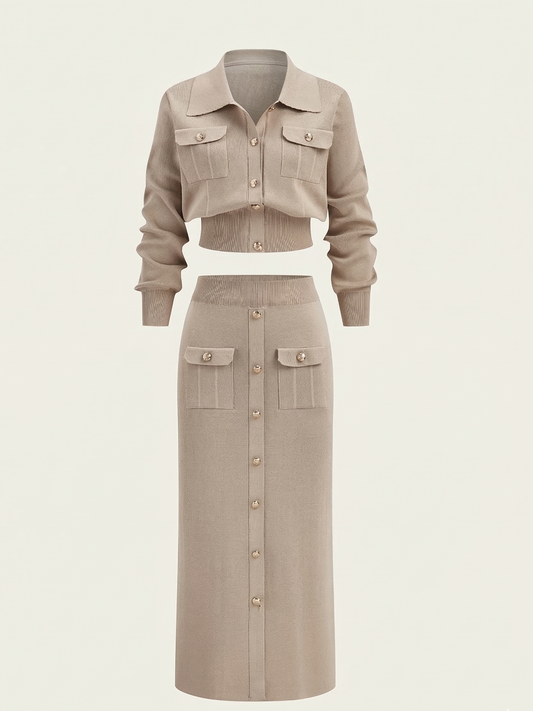 Knit Collared Cardigan Sweater Set