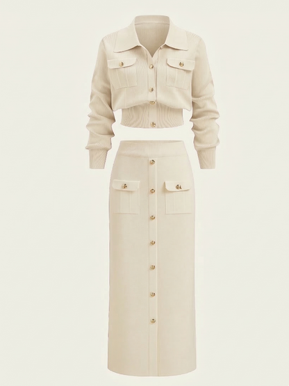 Knit Collared Cardigan Sweater Set