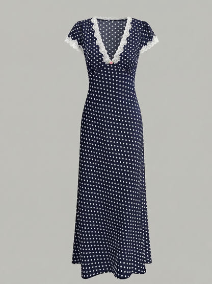 V-Neck Polka Dot Rayon Maxi Dress