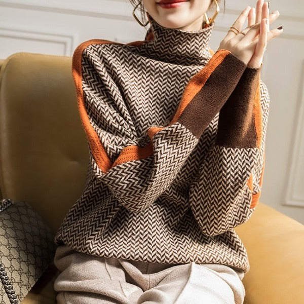 Herringbone Knit Turtleneck Sweater