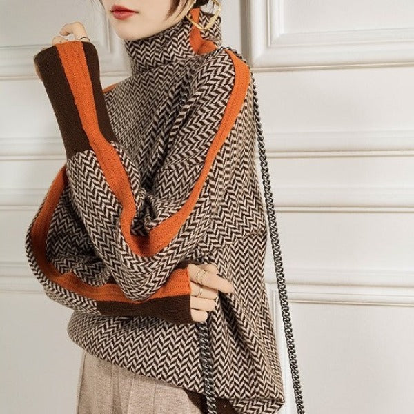 Herringbone Knit Turtleneck Sweater