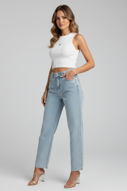 High-Waist Shimmer Straight-Leg Black Jeans