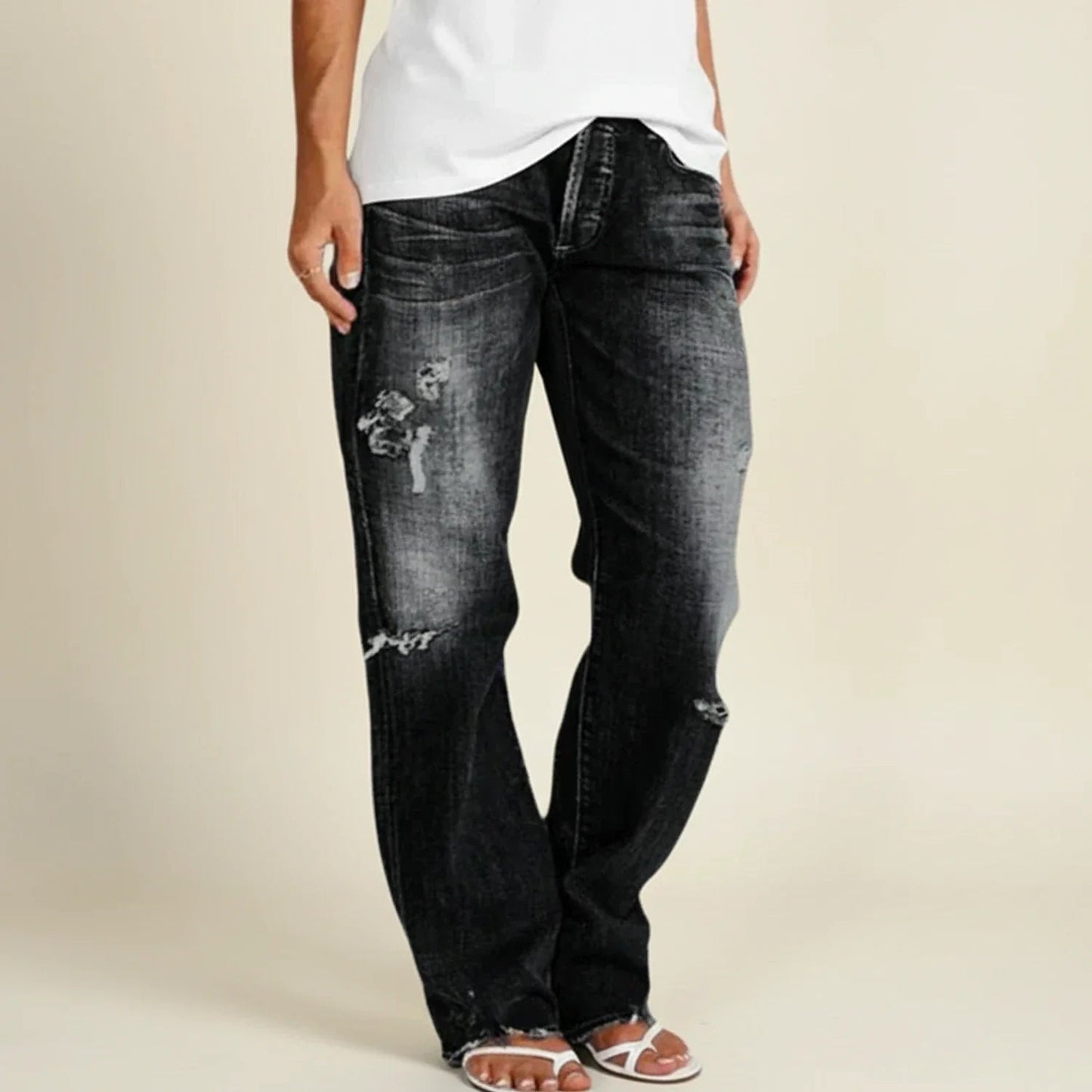 High Rise Distressed Straight Jeans