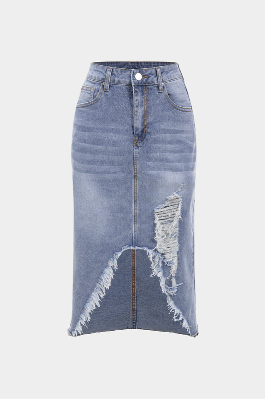 High Waist Frayed Denim Skirt