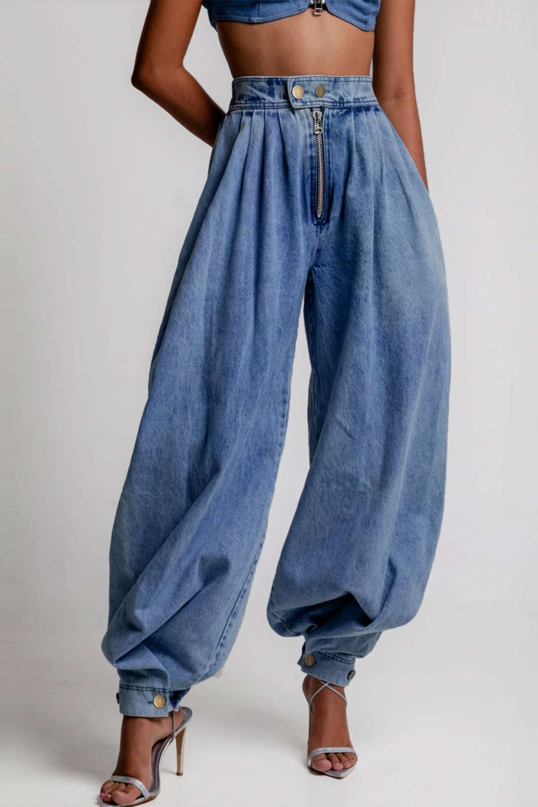 High Waist Zipper Detail Wide Leg Jeans