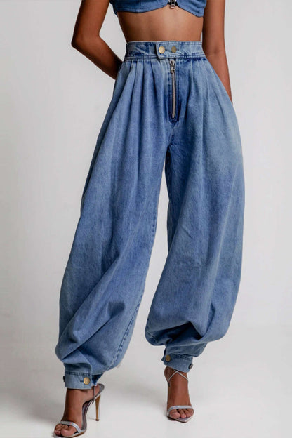 High Waist Zipper Detail Wide Leg Jeans