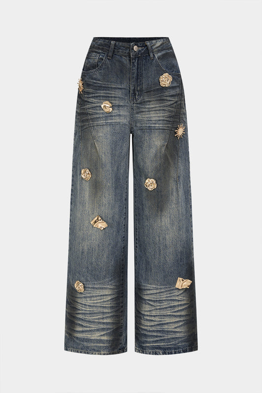 High Waisted Metallic Detail Denim Jeans