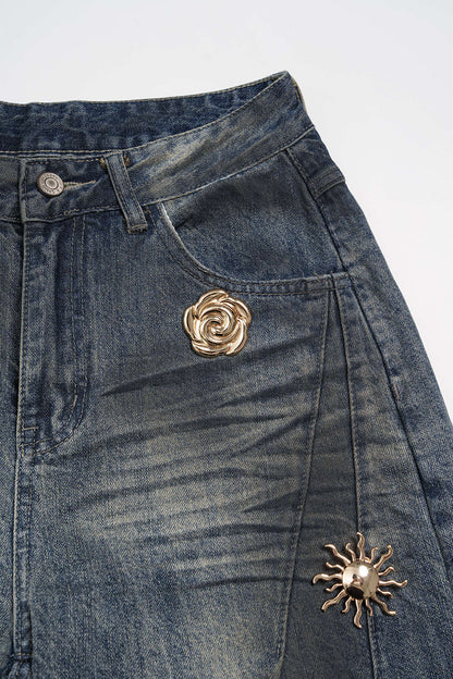 High Waisted Metallic Detail Denim Jeans