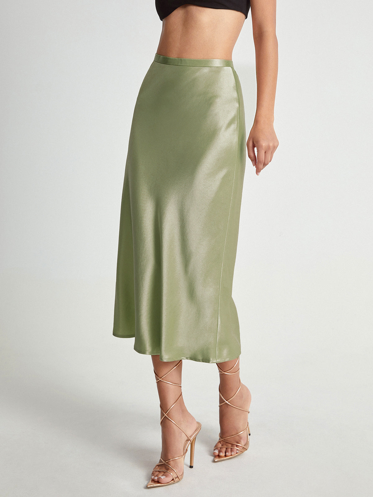 High Waisted Satin Midi Skirt