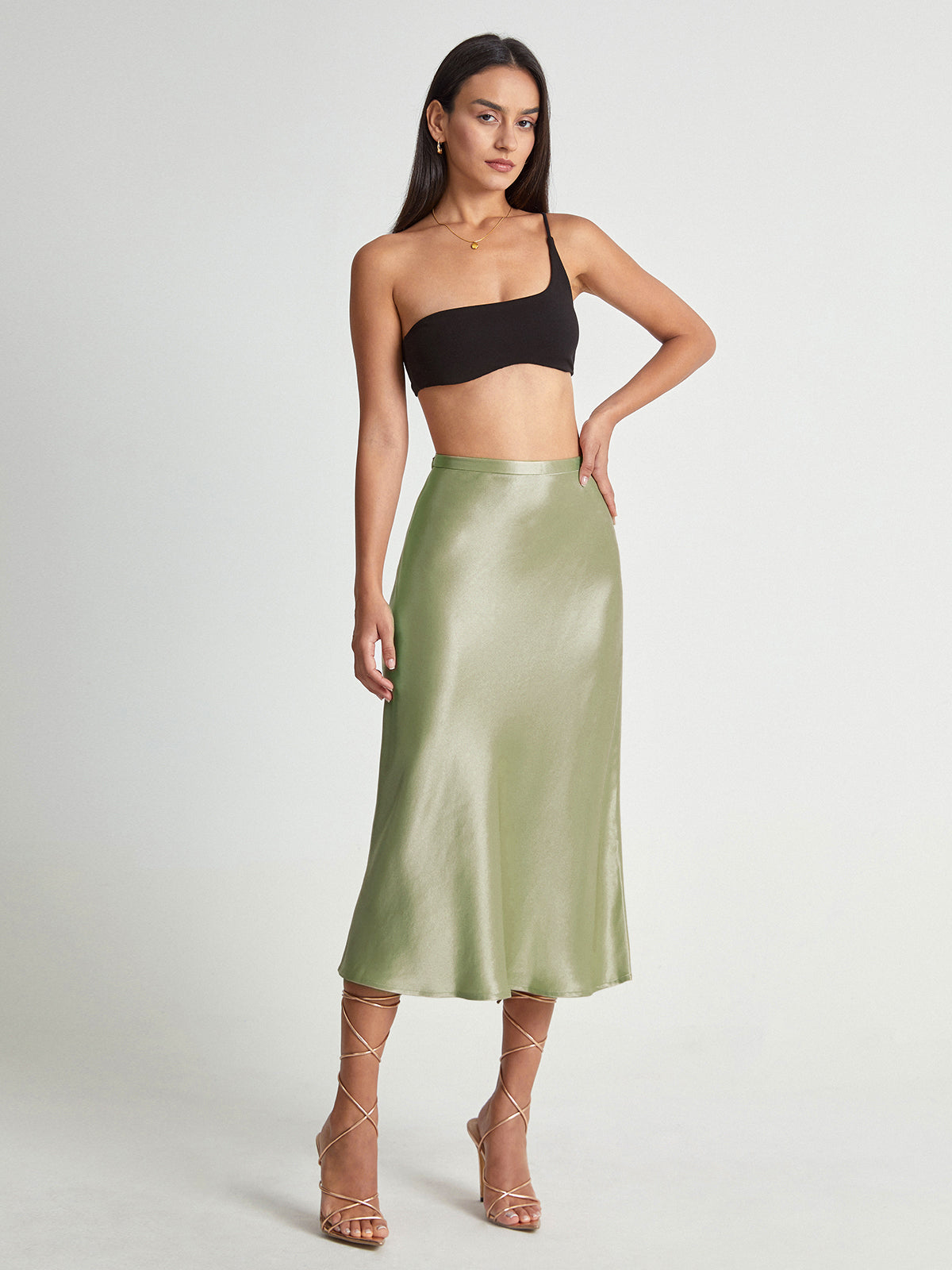 High Waisted Satin Midi Skirt