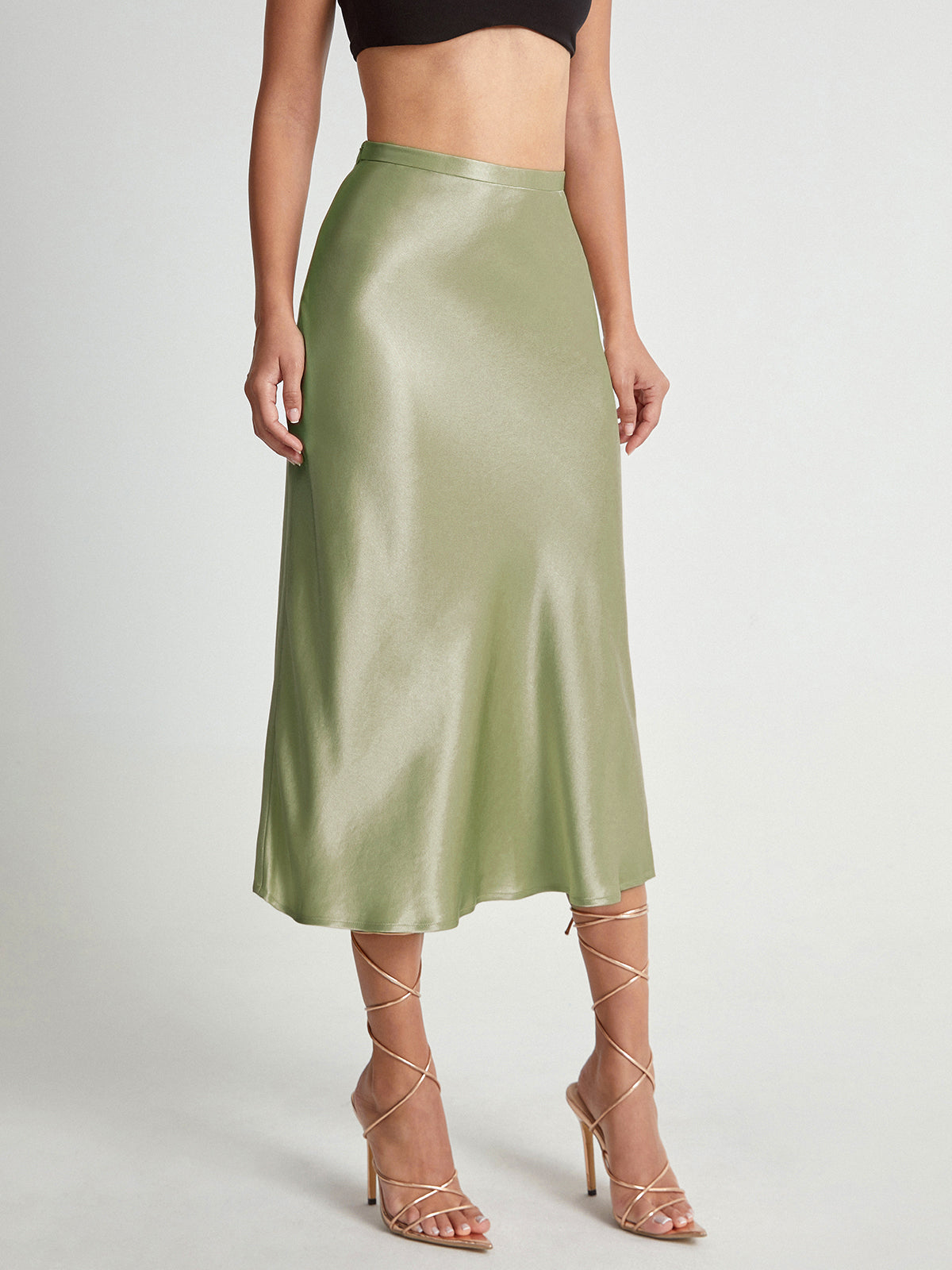 High Waisted Satin Midi Skirt