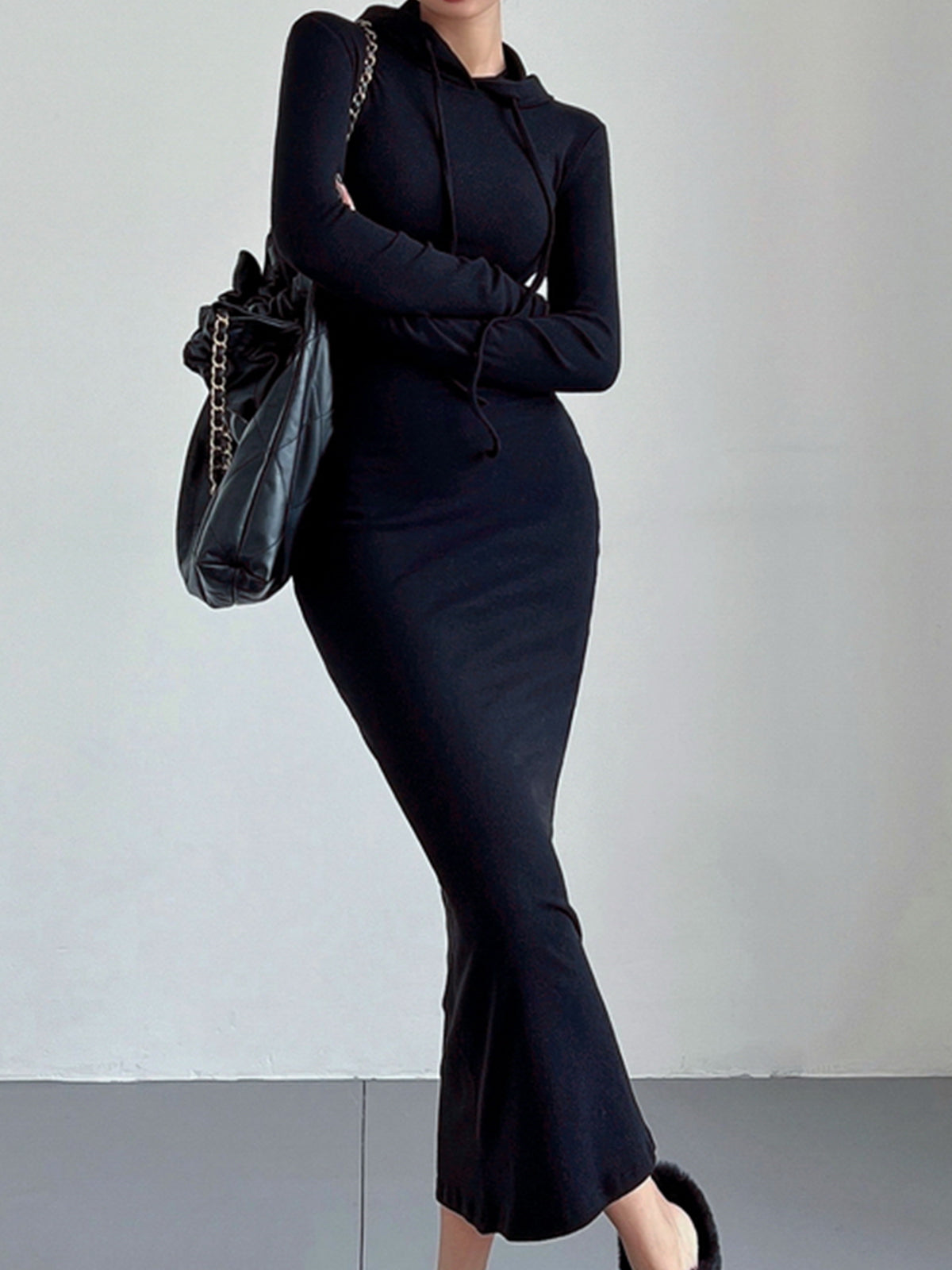 Hooded Long Sleeve Ribbed Maxi Dress