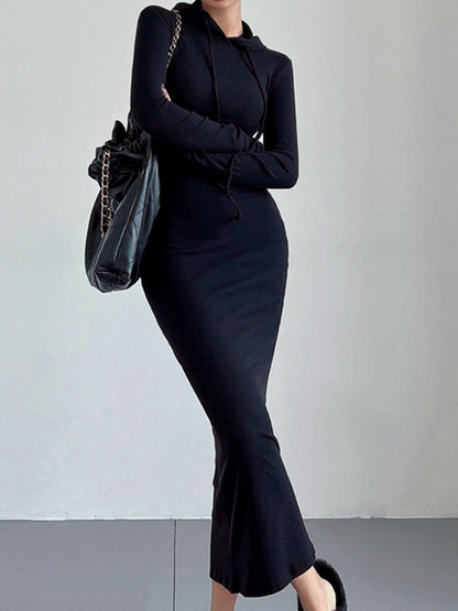 Hooded Long Sleeve Ribbed Maxi Dress