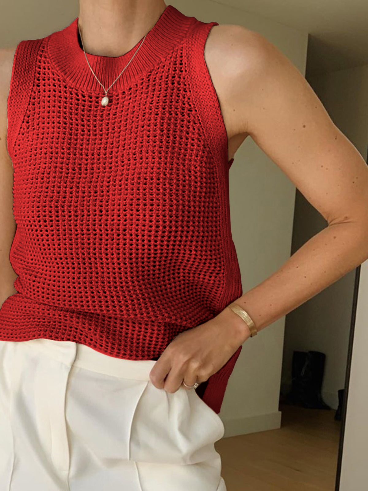 Knit Crew Neck Sleeveless Tank Top