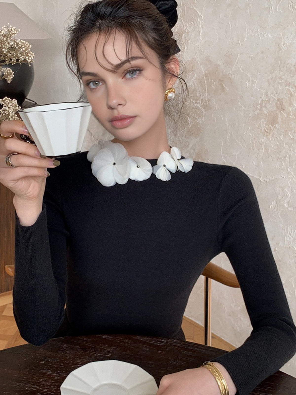 Knit Floral Design Womens Top