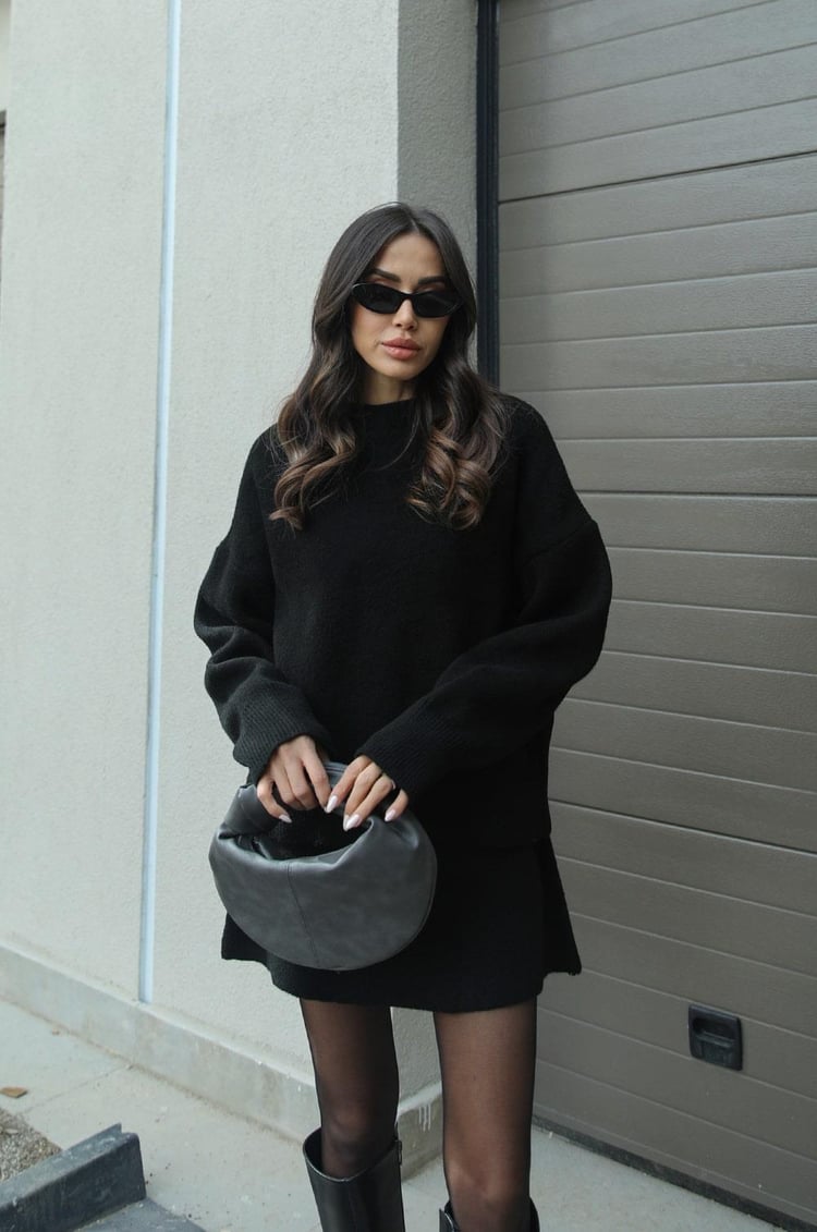 Knit Mini Skirt And Long Sleeve Sweater Set