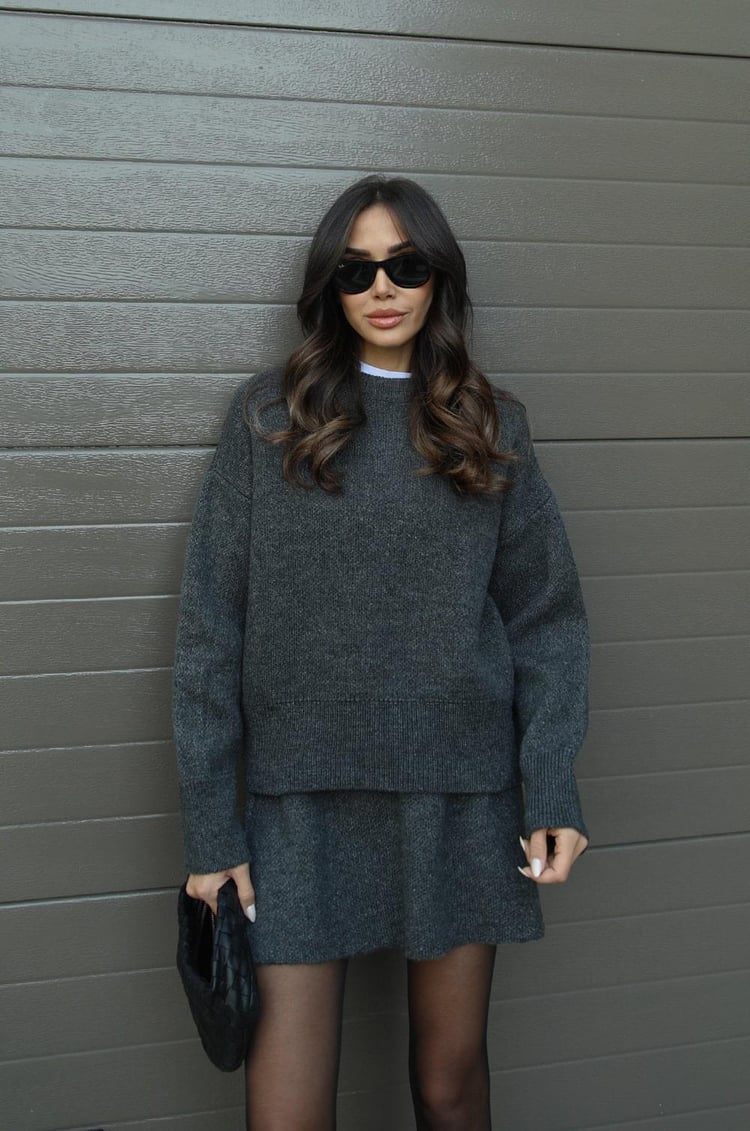 Knit Mini Skirt And Long Sleeve Sweater Set