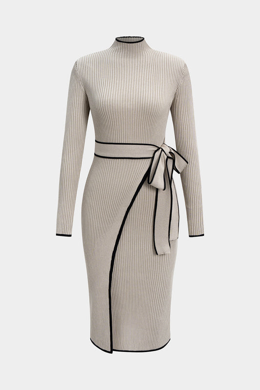 Knit Mock Neck Belted Midi Dress